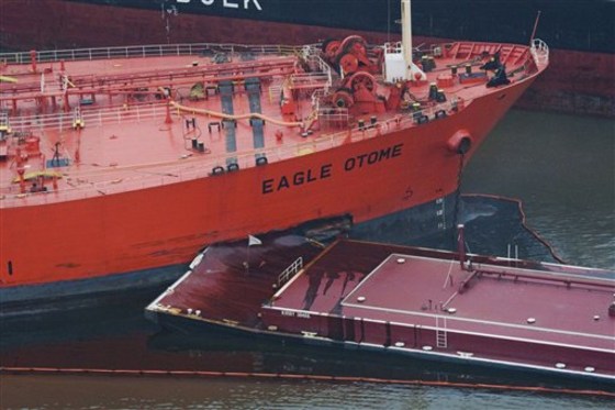 This barge and oil tanker collided on Saturday in Port Arthur, Texas. 